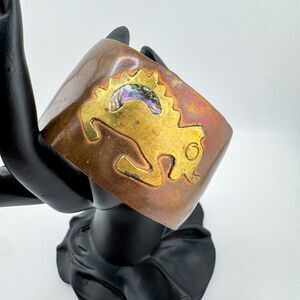 Vintage Copper Brass Abalone Inlay Lizard Cuff Bracelet Southwest Tribal 70s